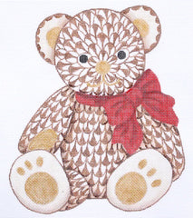 Kate Dickerson Needlepoint Collections Herend-Inspired Fishnet Teddy Bear - Brown with Gold & Red Ribbon Needlepoint Canvas