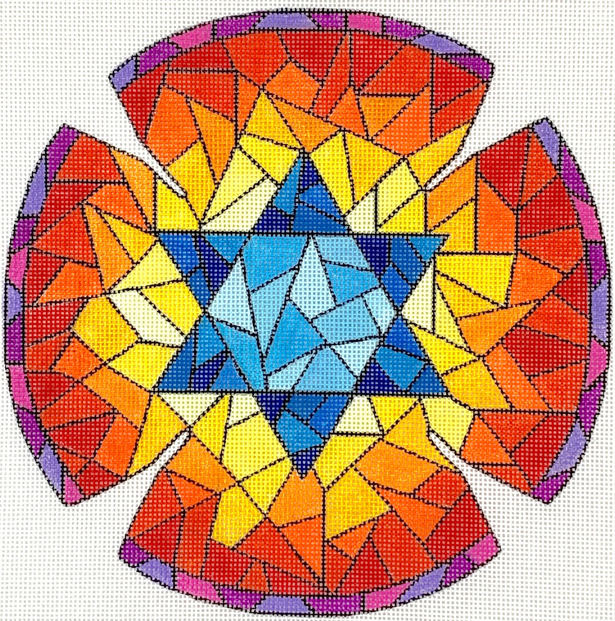 Kate Dickerson Needlepoint Collections Kippah - Stained Glass with Star of David - Blues, Yellows, Reds, Oranges & Purples with Black Needlepoint Canvas