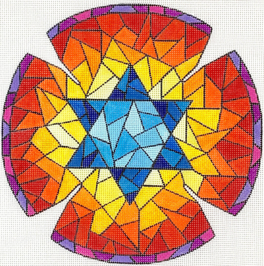 Kate Dickerson Needlepoint Collections Kippah - Stained Glass with Star of David - Blues, Yellows, Reds, Oranges & Purples with Black Needlepoint Canvas