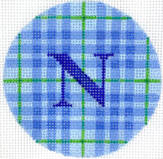 Kate Dickerson Needlepoint Collections Bright Disk Letter - Madras Plaid - Blues & Greens with Royal Blue Letter Needlepoint Canvas