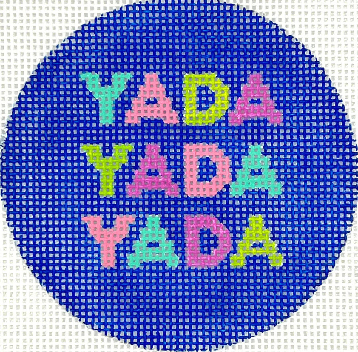 Kate Dickerson Needlepoint Collections 3” Round - Yada Yada Yada - Bright Letters on Blue Needlepoint Canvas