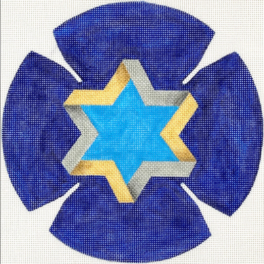 Kate Dickerson Needlepoint Collections Kippah - Star of David - Golds & Silvers on Deep Blue Needlepoint Canvas