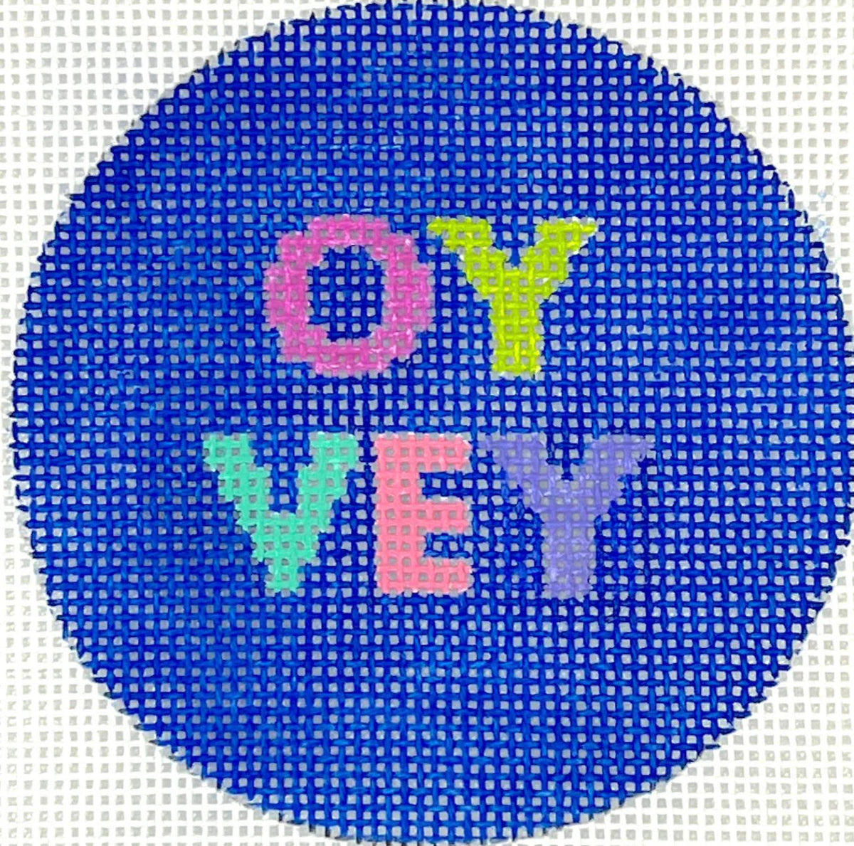 Kate Dickerson Needlepoint Collections 3” Round - Oy Vey - Bright Letters on Blue Needlepoint Canvas