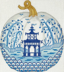 Kate Dickerson Needlepoint Collections Mini Chinoiserie Pumpkin - Large Round with Pagoda & Willows - White with Blues & Golds Needlepoint Canvas