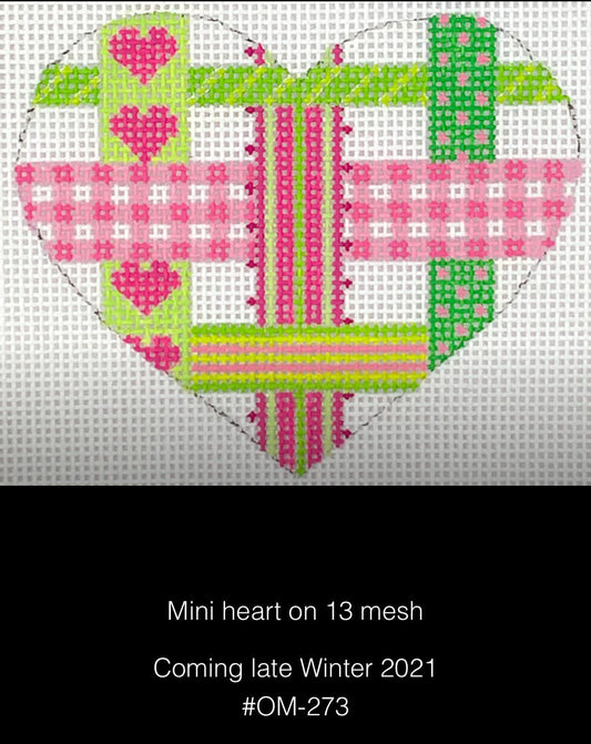 Kate Dickerson Needlepoint Collections Mini Heart Woven Ribbons Pinks and Greens Needlepoint Canvas