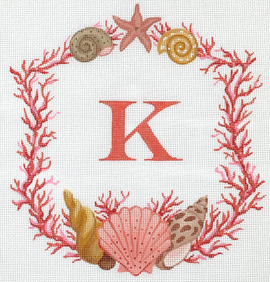 Kate Dickerson Needlepoint Collections Monogram Crest - Coral & Shells Needlepoint Canvas