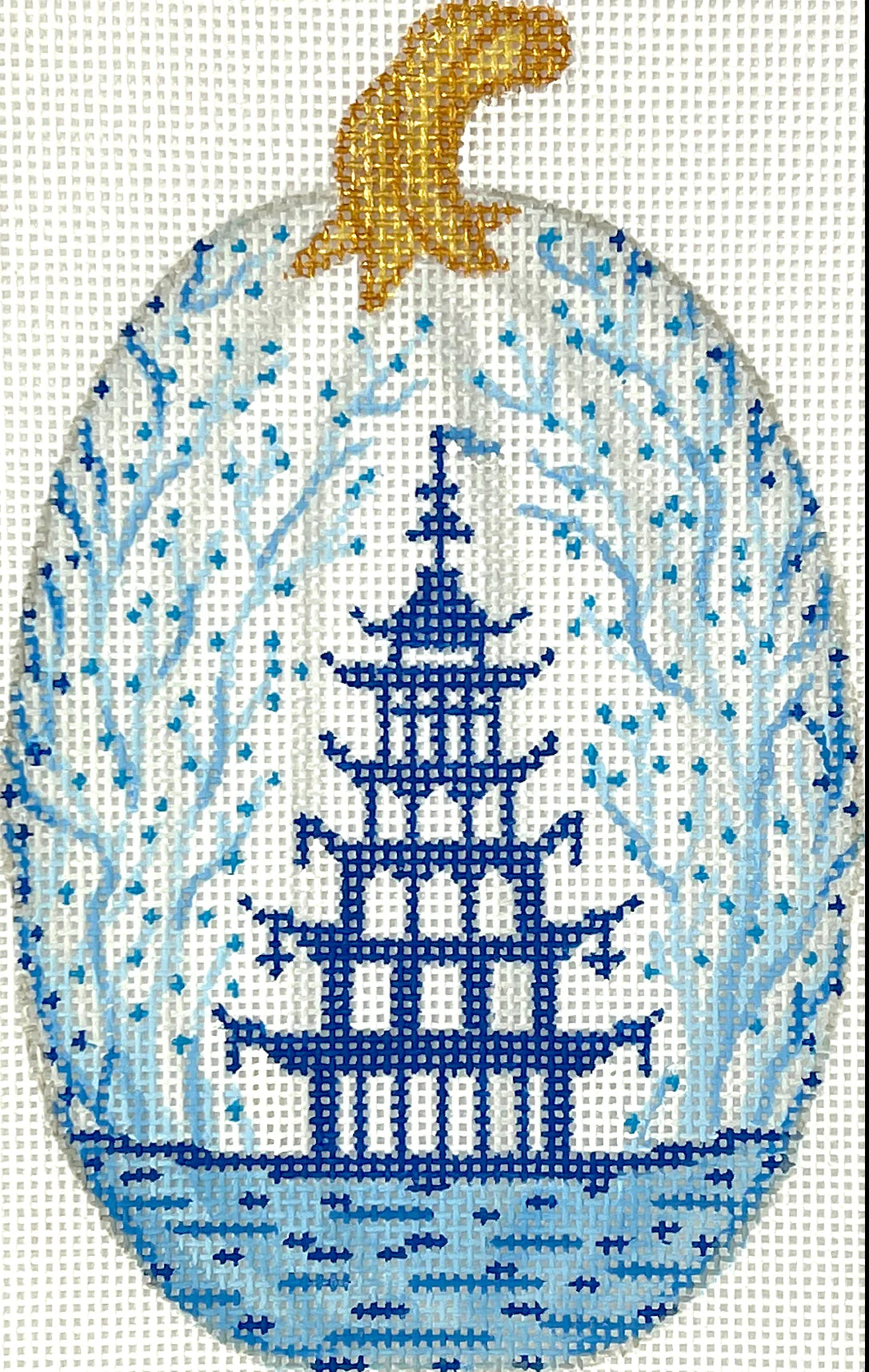 Kate Dickerson Needlepoint Collections Mini Chinoiserie Pumpkin - Tall & Thin with Pagoda & Vines - White with Blues & Golds Needlepoint Canvas