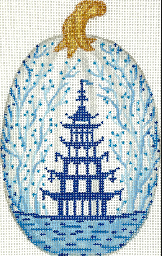 Kate Dickerson Needlepoint Collections Mini Chinoiserie Pumpkin - Tall & Thin with Pagoda & Vines - White with Blues & Golds Needlepoint Canvas