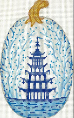 Kate Dickerson Needlepoint Collections Mini Chinoiserie Pumpkin - Tall & Thin with Pagoda & Vines - White with Blues & Golds Needlepoint Canvas