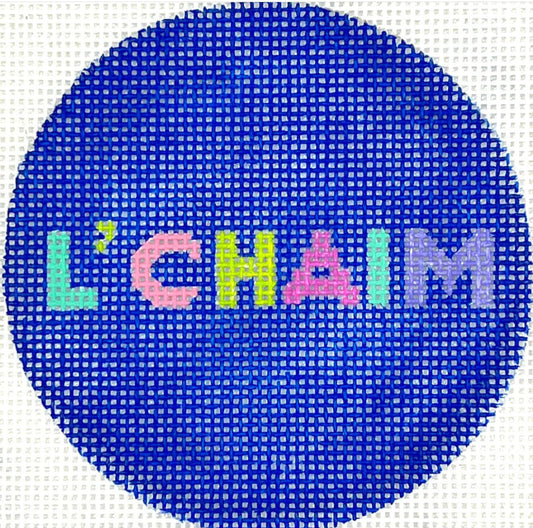 Kate Dickerson Needlepoint Collections 3” Round - L’Chaim - Bright Letters on Blue Needlepoint Canvas