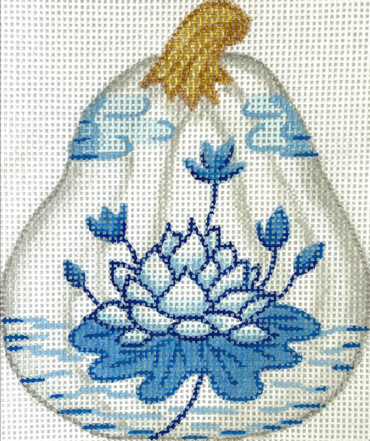 Kate Dickerson Needlepoint Collections Mini Chinoiserie Pumpkin - Short Gourd Shaped with Lotus Flower & Clouds - White with Blues & Golds Needlepoint Canvas