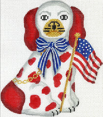 Kate Dickerson Needlepoint Collections Mini Staffordshire Dog - White & Red with American Flag, Blue Striped Bow & Gold Chain Needlepoint Canvas