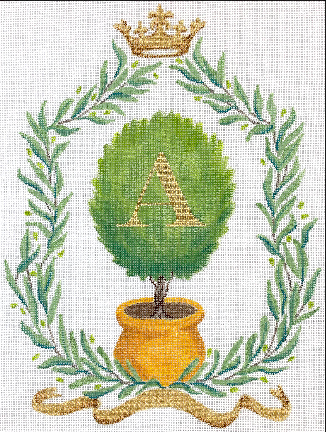 Kate Dickerson Needlepoint Collections Monogram Crest - Olive Branches with Olive Topiary, Crown & Gold Ribbon Needlepoint Canvas