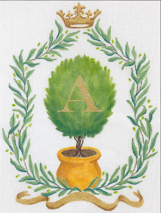 Kate Dickerson Needlepoint Collections Monogram Crest - Olive Branches with Olive Topiary, Crown & Gold Ribbon Needlepoint Canvas