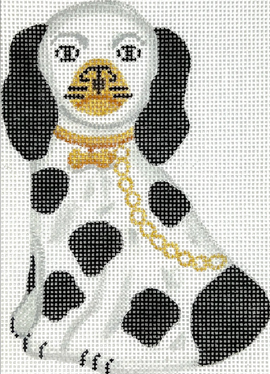 Kate Dickerson Needlepoint Collections Mini Staffordshire Dog - White & Black with Gold Chain & Dog Bone Tag Needlepoint Canvas