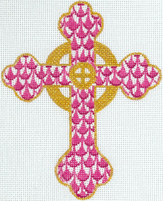 Kate Dickerson Needlepoint Collections Fishnet Mini - Budded Celtic Cross - Pinks & Gold Needlepoint Canvas