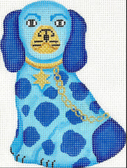 Kate Dickerson Needlepoint Collections Mini Staffordshire Dog - Blues with Gold Star of David Tag & Gold Chain Needlepoint Canvas