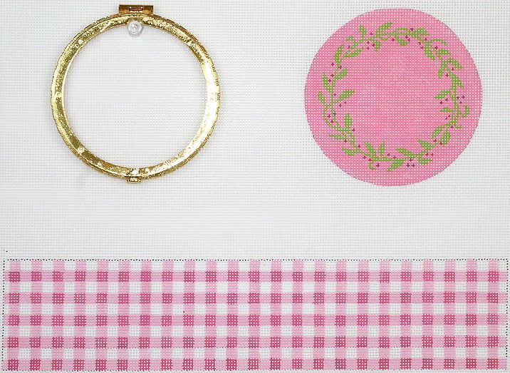 Kate Dickerson Needlepoint Collections Limoges Box - Large Round Pink Gingham with Floral Vine (Gold Clasp) Needlepoint Canvas