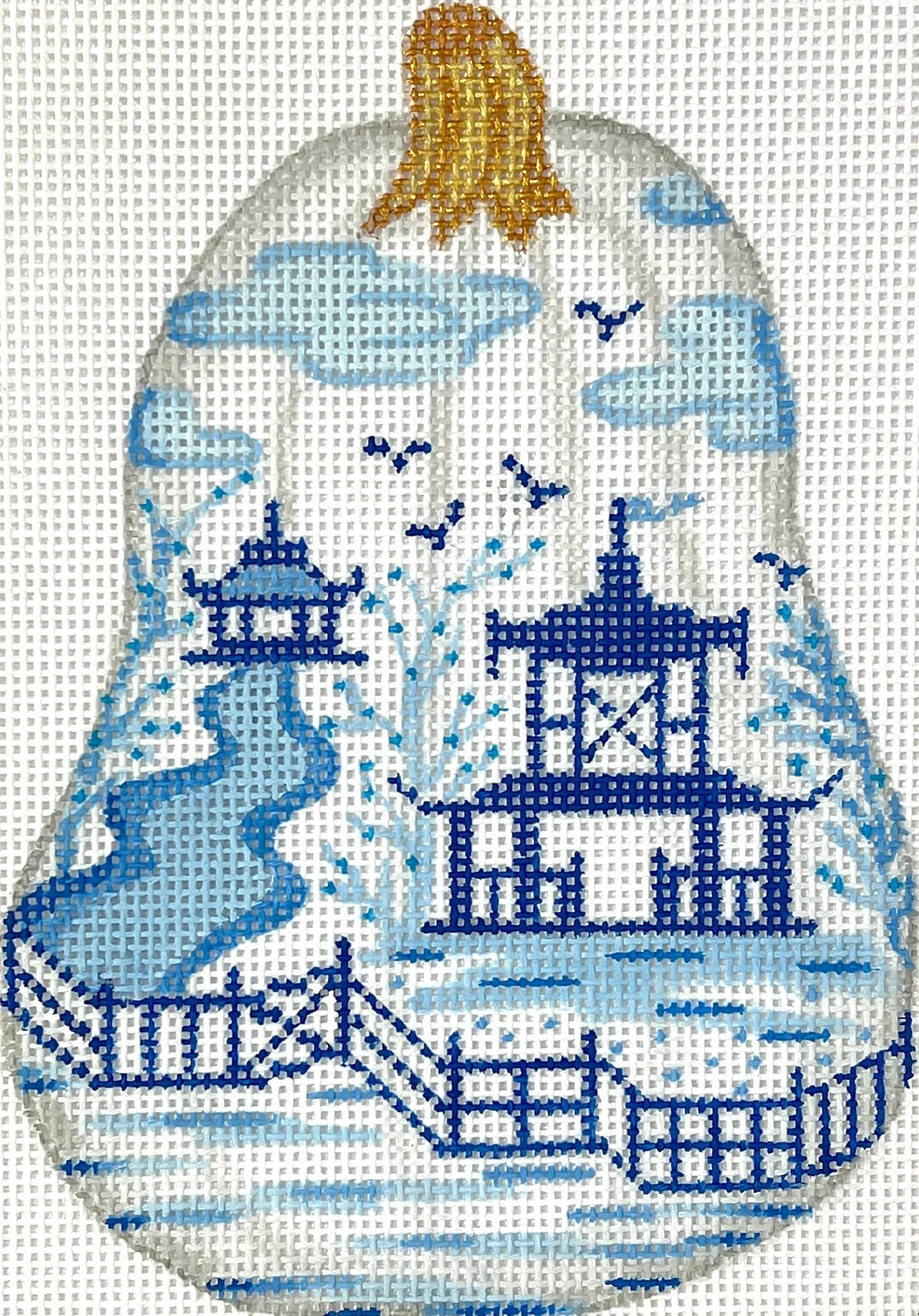 Kate Dickerson Needlepoint Collections Mini Chinoiserie Pumpkin - Tall Gourd Shaped with Pagodas & Fence - White with Blues & Golds Needlepoint Canvas