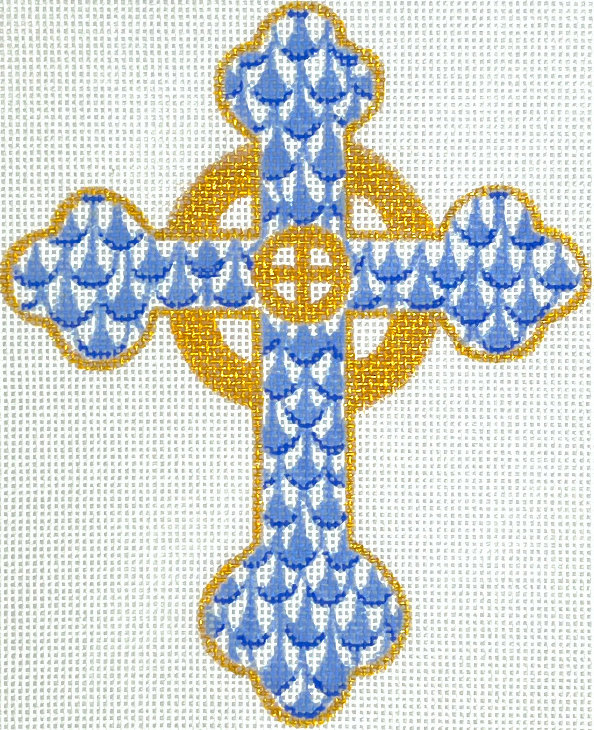 Kate Dickerson Needlepoint Collections Fishnet Mini - Budded Celtic Cross - Blues & Gold Needlepoint Canvas