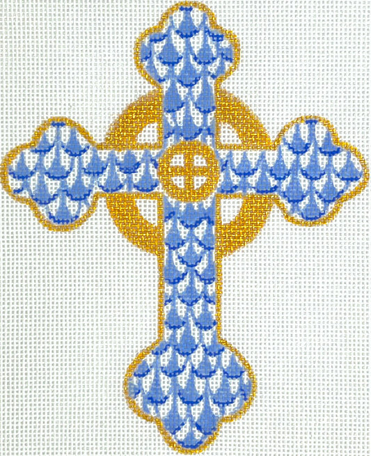 Kate Dickerson Needlepoint Collections Fishnet Mini - Budded Celtic Cross - Blues & Gold Needlepoint Canvas