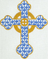 Kate Dickerson Needlepoint Collections Fishnet Mini - Budded Celtic Cross - Blues & Gold Needlepoint Canvas