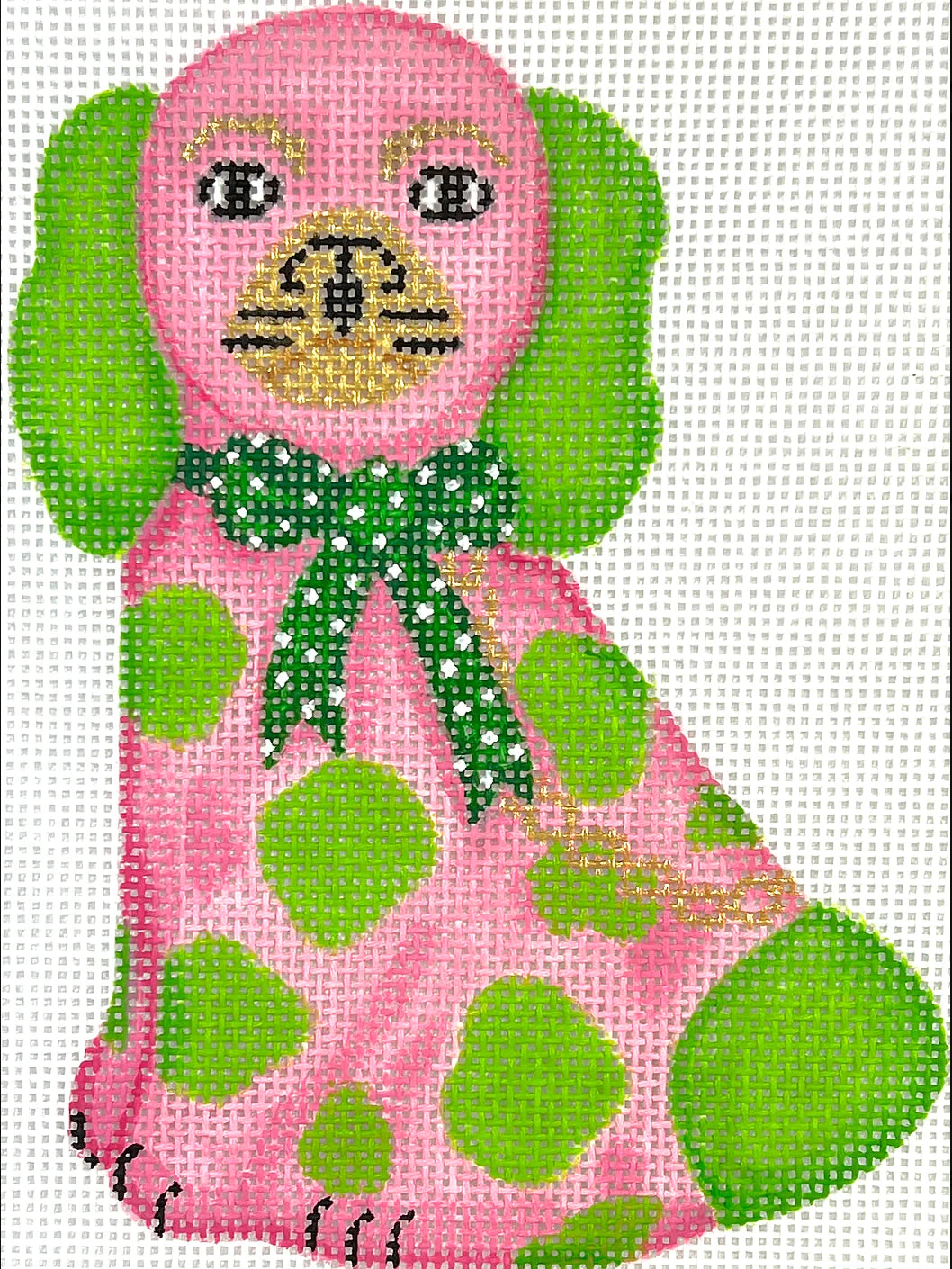 Kate Dickerson Needlepoint Collections Mini Staffordshire Dog - Pink & Lime with Gold Chain & Green Dotted Bow Needlepoint Canvas