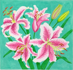 Kate Dickerson Needlepoint Collections Stargazer Lilies on Turquoise Needlepoint Canvas