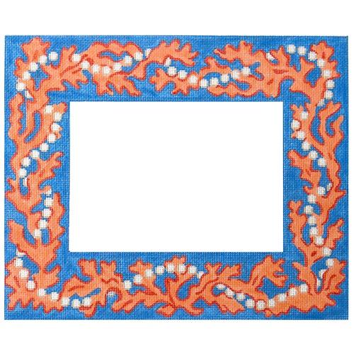 Kate Dickerson Needlepoint Collections Picture Frame Bright Coral and Pearls Corals and Pearlized White on Bright Blue Needlepoint Canvas