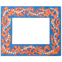 Kate Dickerson Needlepoint Collections Picture Frame Bright Coral and Pearls Corals and Pearlized White on Bright Blue Needlepoint Canvas