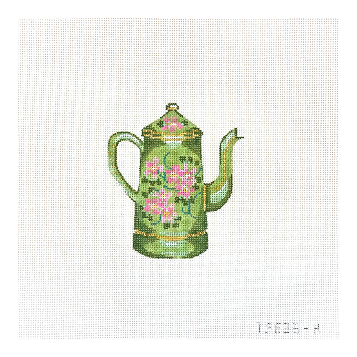 The Plum Stitchery The Stitched Garden Green Tea Kettle Needlepoint Canvas