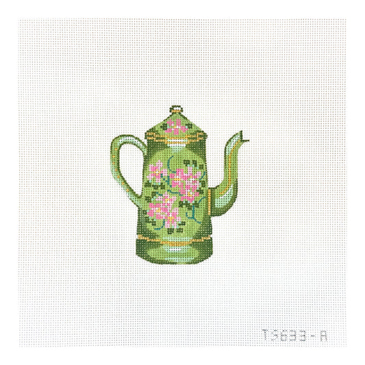 The Plum Stitchery The Stitched Garden Green Tea Kettle Needlepoint Canvas