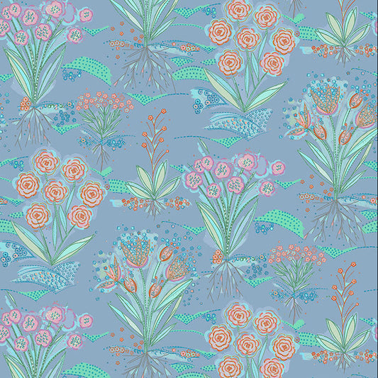 Helen Prior Flourish & Bloom Garden Cotton Fabric - Periwinkle