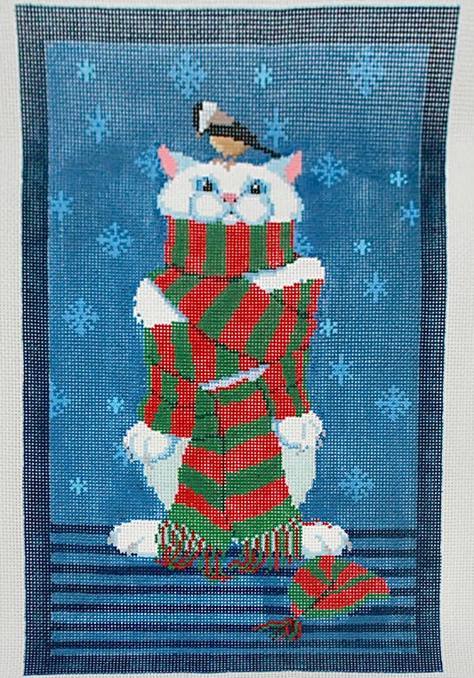 Ruth Schmuff Cat in Striped Scarf Needlepoint Canvas