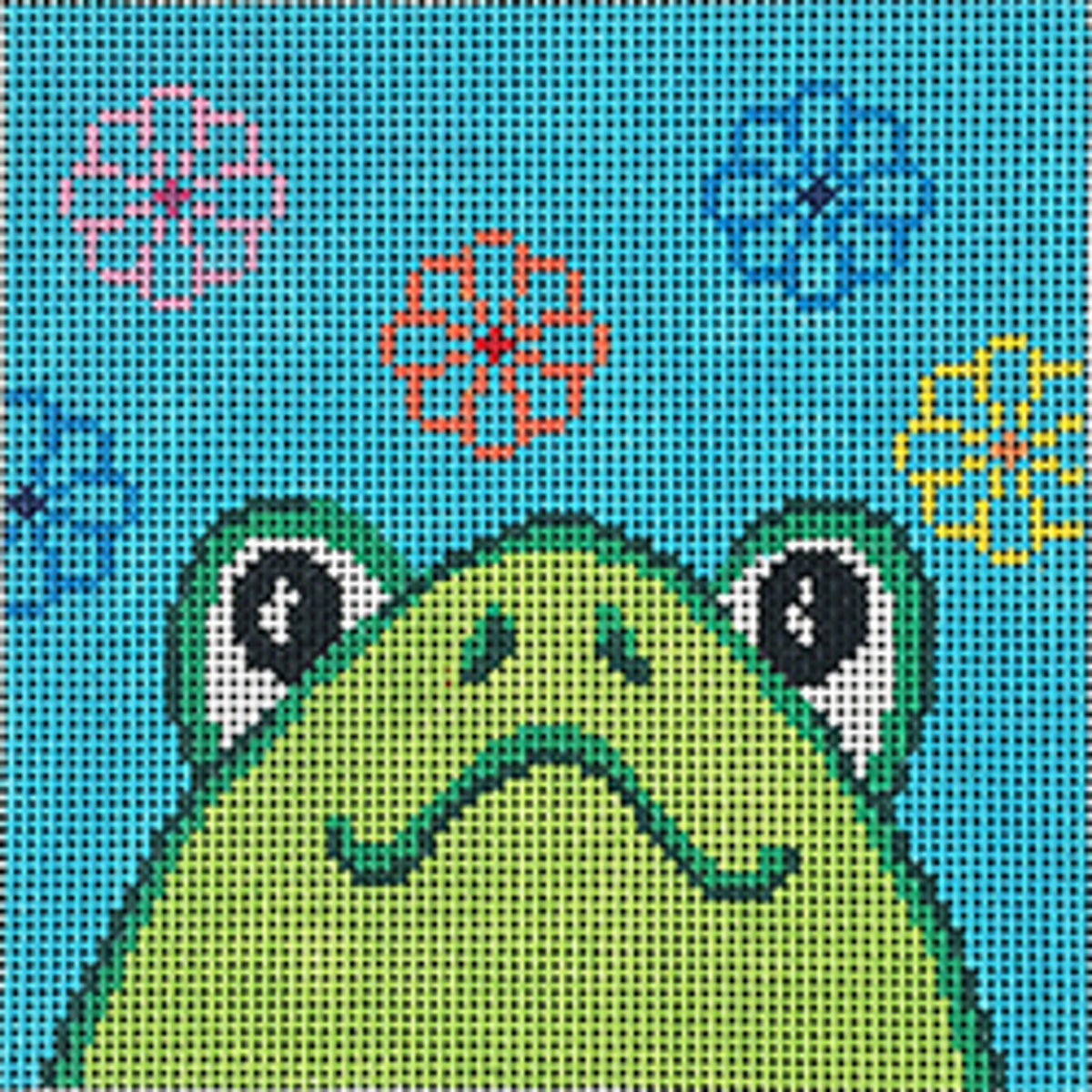 Patti Mann Frog Face on Aqua Needlepoint Canvas