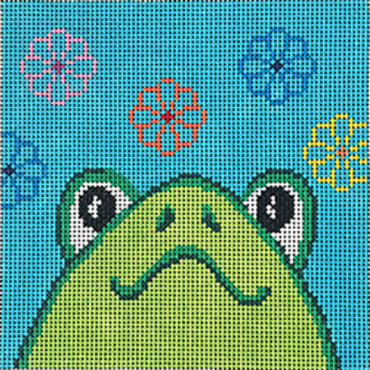 Patti Mann Frog Face on Aqua Needlepoint Canvas