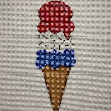 Kate Dickerson Needlepoint Collections Mini Patriotic Triple Scoop Ice Cream Cone with Sprinkles Red White and Blue with Tans Needlepoint Canvas