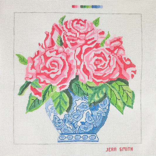 Jean Smith Designs Large Blue Vase of Pink Roses Needlepoint Canvas