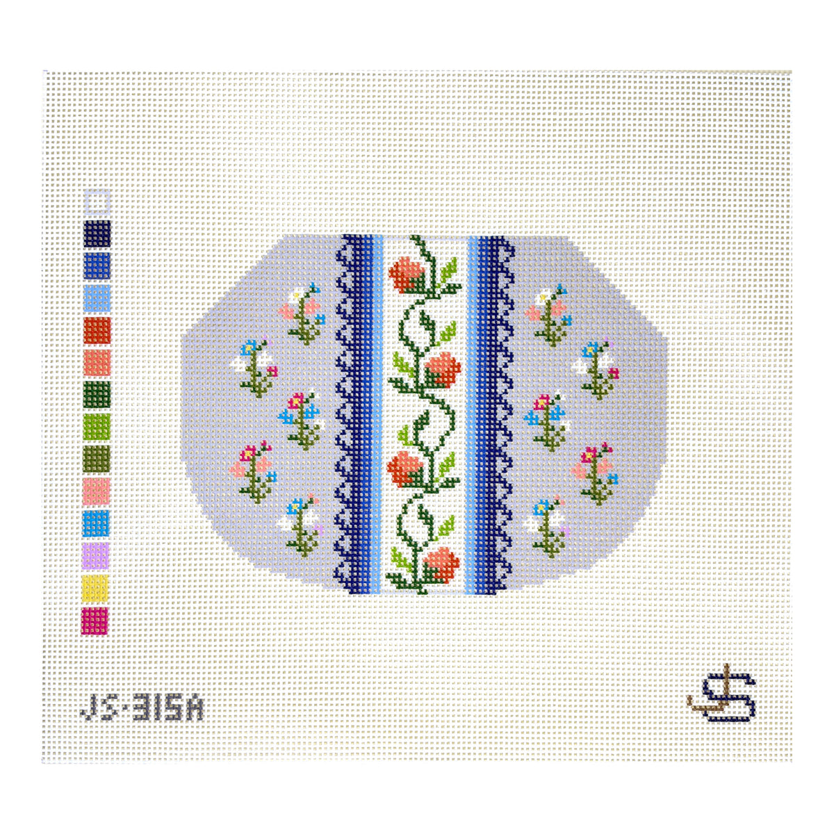 Jeni Sandberg Needlepoint Floral Stripe Kiss Lock Bag Needlepoint Canvas - Grayscale