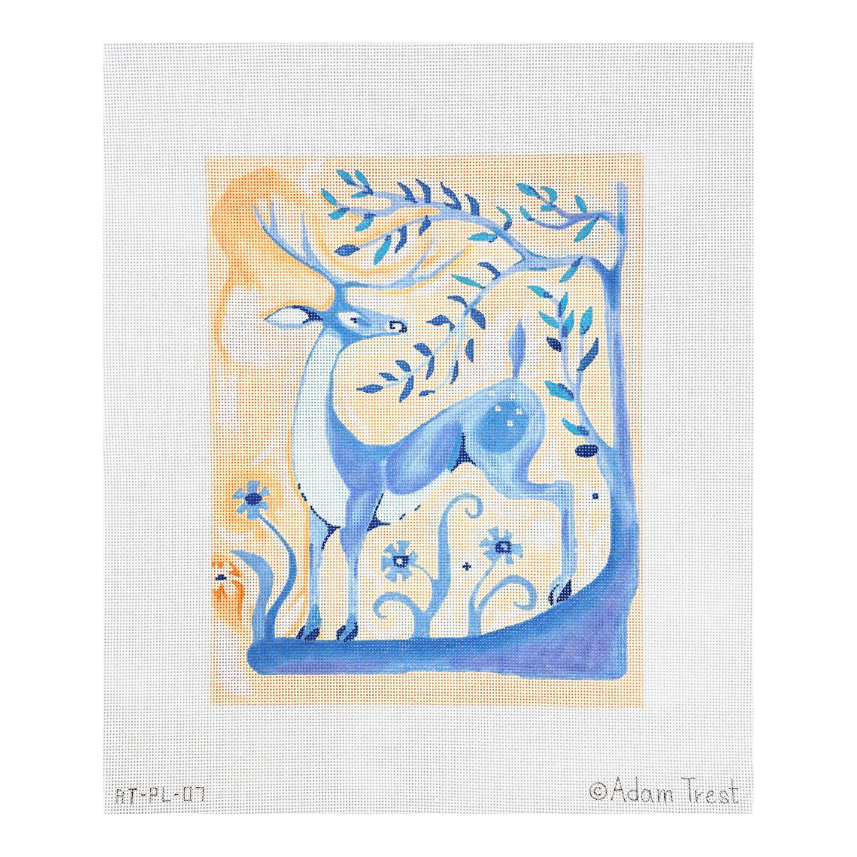 Kate Dickerson Needlepoint Collections Adam Trest Blue Deer on Parchment Needlepoint Canvas
