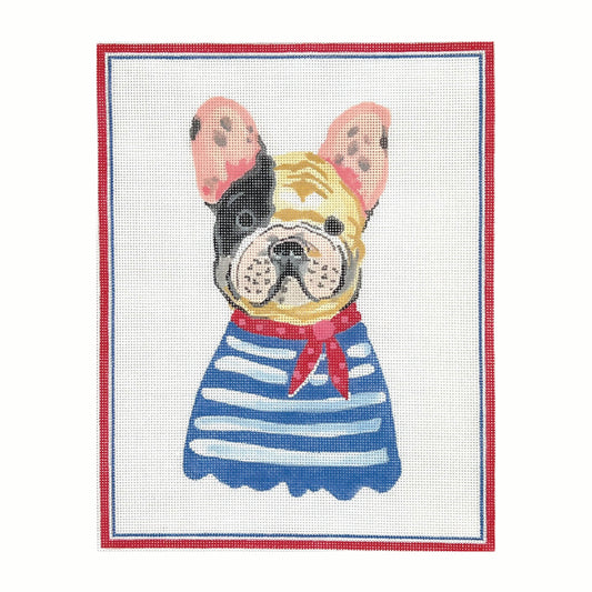 Kate Dickerson Needlepoint Collections Carolyn Gavin French Bulldog in Blue Striped Shirt Needlepoint Canvas