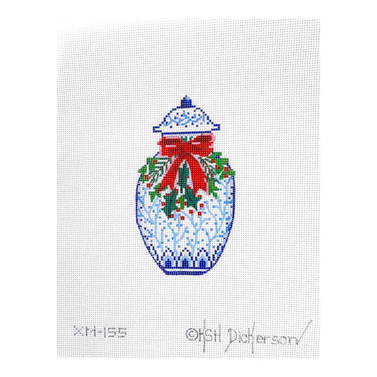 Kate Dickerson Needlepoint Collections Christmas Ornament Chinese Vase Blue and White with Red Bow Greenery and Red Berries Needlepoint Canvas