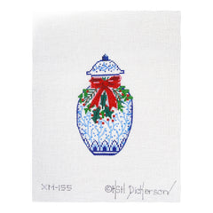 Kate Dickerson Needlepoint Collections Christmas Ornament Chinese Vase Blue and White with Red Bow Greenery and Red Berries Needlepoint Canvas
