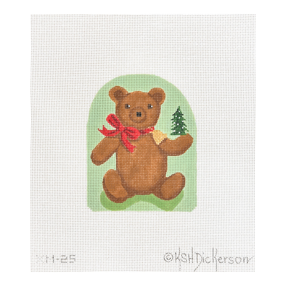 Kate Dickerson Needlepoint Collections Christmas Ornament Victorian Teddy Bear with Red Bow Bell and Tree on Light Green Needlepoint Canvas