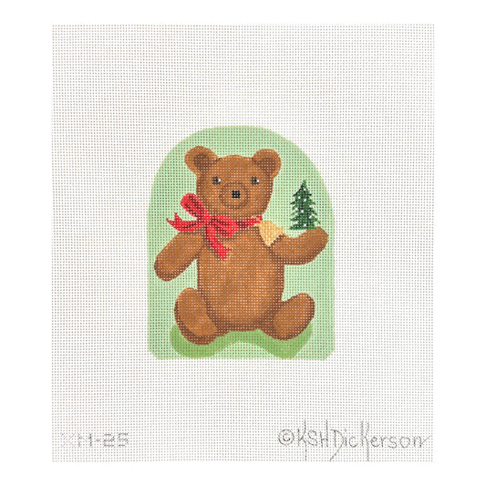 Kate Dickerson Needlepoint Collections Christmas Ornament Victorian Teddy Bear with Red Bow Bell and Tree on Light Green Needlepoint Canvas