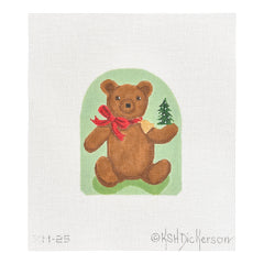 Kate Dickerson Needlepoint Collections Christmas Ornament Victorian Teddy Bear with Red Bow Bell and Tree on Light Green Needlepoint Canvas