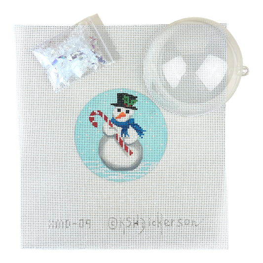 Kate Dickerson Needlepoint Collections Christmas Ornament with Clear Dome Cover and Confetti Snowman with Candy Cane Needlepoint Canvas