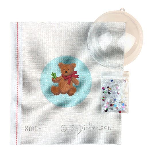Kate Dickerson Needlepoint Collections Christmas Ornament with Clear Dome Cover and Confetti Teddy Bear with Red Bow on Snowy Sky Needlepoint Canvas