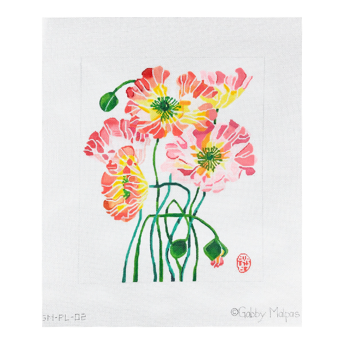 Kate Dickerson Needlepoint Collections Gabby Malpas Poppies Two Pinks Reds Corals Oranges Yellows and Greens Needlepoint Canvas