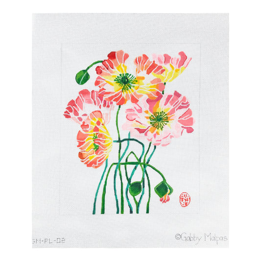 Kate Dickerson Needlepoint Collections Gabby Malpas Poppies Two Pinks Reds Corals Oranges Yellows and Greens Needlepoint Canvas